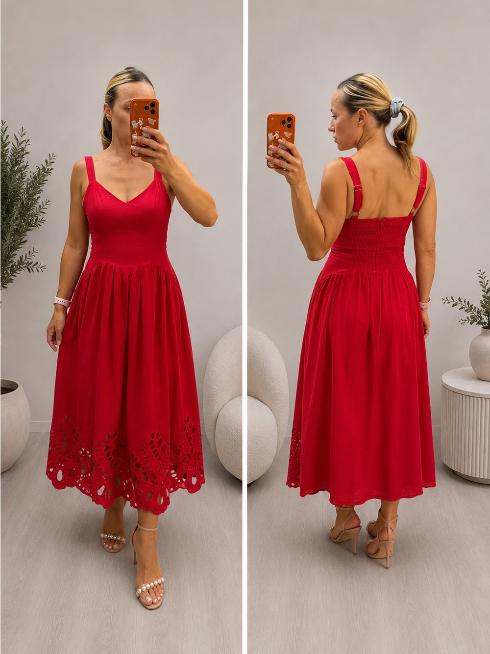 NWOT Moon River Red Eyelet Drop Waist Cotton & Linen Sundress Size XS